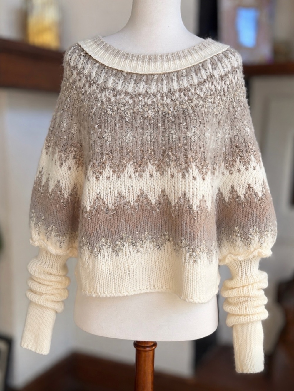 Free People Home For The Holidays Sweater Wool Blend Cream Taupe Fair Isle